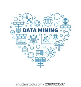 Data Mining heart-shaped blue banner in outline style. Database Systems concept illustration