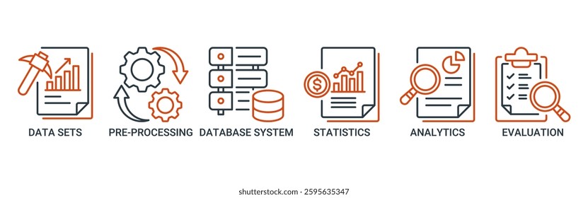 Data mining icon set. Vector illustration concept with icon of data sets, pre-processing, database systems, statistics, analytics and evaluation icons. Outline vector symbol background.