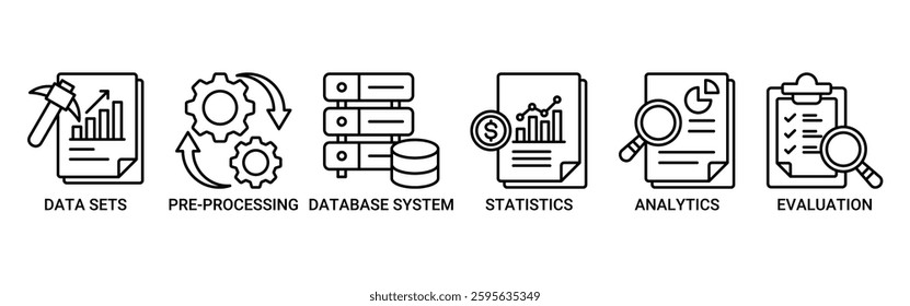 Data mining icon set. Vector illustration concept with icon of data sets, pre-processing, database systems, statistics, analytics and evaluation icons. Outline vector symbol background.