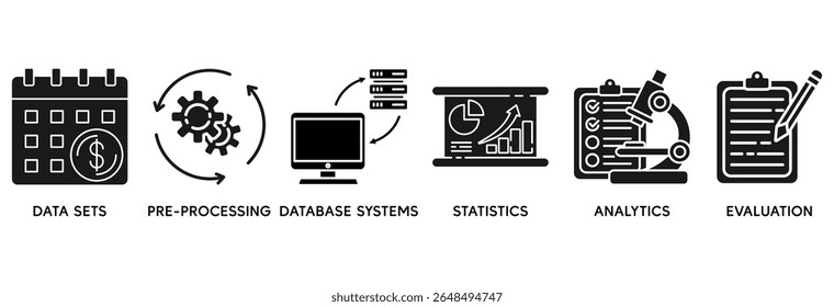 Data mining icon set vector illustration concept relate to data sets, pre-processing, database systems, statistics, analytics and evaluation