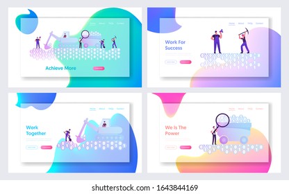 Data Mining, Informational Resource Research Website Landing Page Set. Workers Digging Binary Code with Spade, Pickaxe and Excavator, Datum Extraction Web Page Banner. Cartoon Flat Vector Illustration