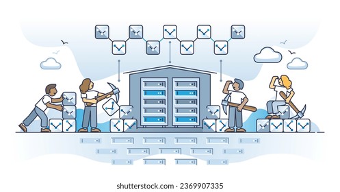 Data mining as internet information database management outline concept. Digital big data info analysis, research, collection or records classification from online cyberspace vector illustration.