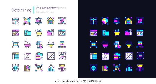 Data mining light and dark theme RGB color pixel perfect icons set. Knowledge discovering in data. Simple filled line drawings pack on white and black space. Editable stroke. Quicksand-Light font used