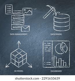Conjunto de iconos de pizarra de minería y administración de datos. Ilustración del vector