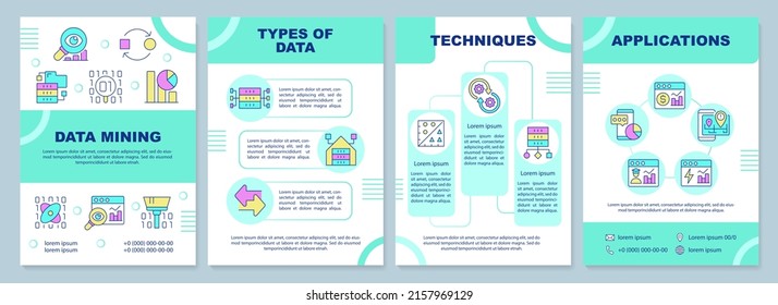 Data mining mint brochure template. Information extraction. Leaflet design with linear icons. 4 vector layouts for presentation, annual reports. Arial-Black, Myriad Pro-Regular fonts used