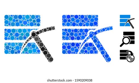 Data mining mosaic of filled circles in different sizes and color tones, based on data mining icon. Vector filled circles are composed into blue composition.