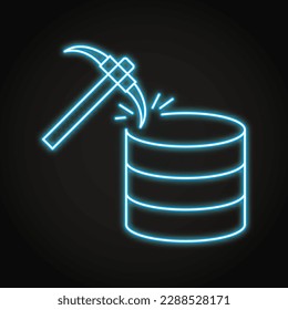 Icono de neón de minería de datos en estilo de línea. Recopilación de datos, proceso de análisis. Símbolo de base de datos y pickaxe. Ilustración vectorial.