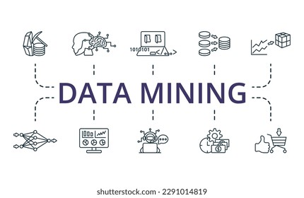 Data mining outline set. Creative icons: data minig, machine learning, computer science, data integration, predictive modeling, deep learning, data visualization, ai customer service, optimization