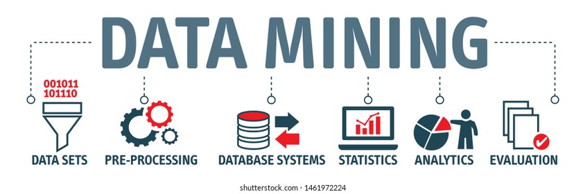 Data mining is the process of discovering patterns in large data sets - Banner with vector  icons and keywords