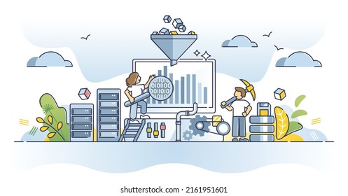 Proceso de minería de datos con el concepto de esquema de análisis de bases de datos de información. Administración de big data en línea con clasificación de archivos, control e ilustración de vector de filtrado de estructuras complejas. Embudo de información.