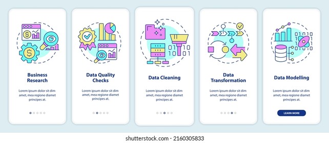 Data mining process onboarding mobile app screen. Machine learning walkthrough 5 steps graphic instructions pages with linear concepts. UI, UX, GUI template. Myriad Pro-Bold, Regular fonts used
