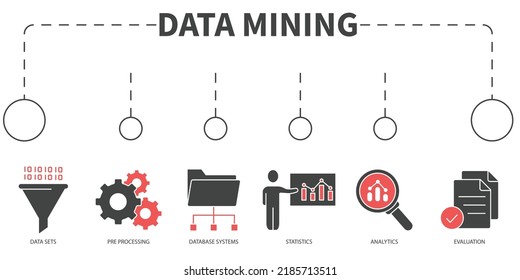 La minería de datos es el concepto Vector Illustration del proceso. Cartel con iconos y palabras clave . La minería de datos es el símbolo de proceso de elementos vectores para la web infográfica