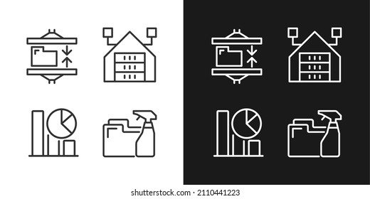 Data mining processes linear pixel perfect icons set for dark and light mode. Extract, analyze and keeping digital information. Customizable thin line symbols. Isolated vector outline illustrations