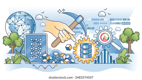 La minería de datos como clasificación de la cantidad de información digital Grande delinean el concepto de manos. Uso de inteligencia artificial para la Ilustración vectorial de recolección de archivos y big data. Extrayendo y descubriendo patrones.