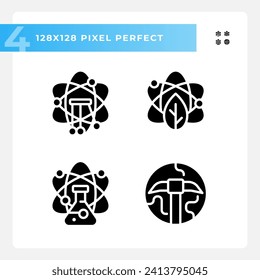 Data mining with STEM pixel perfect black glyph icons set on white space. Discover unknown information. Education program. Silhouette symbols. Solid pictogram pack. Vector isolated illustration