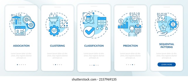 Data mining techniques blue onboarding mobile app screen. Digital info walkthrough 5 steps graphic instructions pages with linear concepts. UI, UX, GUI template. Myriad Pro-Bold, Regular fonts used