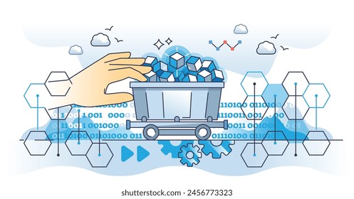 Data mining techniques and information collecting outline hands concept. Digital database classification, clustering, association and detection for file warehouse automation vector illustration.