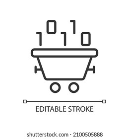 Data mining technology linear pixel perfect icon. Binary code and wagon. Thin line customizable illustration. Contour symbol. Vector isolated outline drawing. Editable stroke. Arial font used