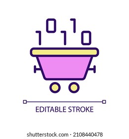 Data mining technology RGB color pixel perfect icon. Binary code and wagon. Extracting information. Isolated vector illustration. Simple filled line drawing. Editable stroke. Arial font used