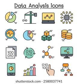 Data mining Technology , Data Transfer , Data warehouse analysis icon set in color line style