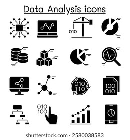 Data mining Technology , Data Transfer , Data warehouse analysis icon set in glyph style
