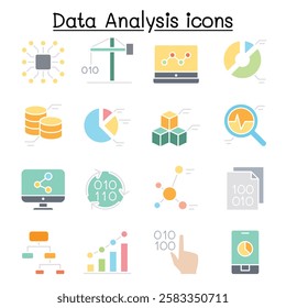 Data mining Technology , Data Transfer , Data warehouse analysis icon set  in flat color style