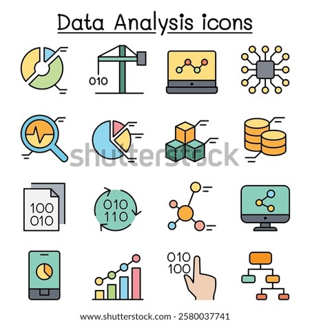 Data mining Technology , Data Transfer , Data warehouse analysis icon set in color line style