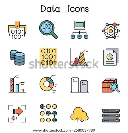 Data mining Technology, Data Transfer, Data warehouse, Big data icon set in color line style