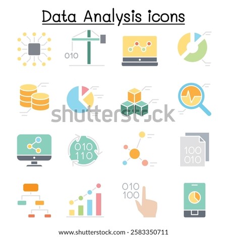 Data mining Technology , Data Transfer , Data warehouse analysis icon set  in flat color style