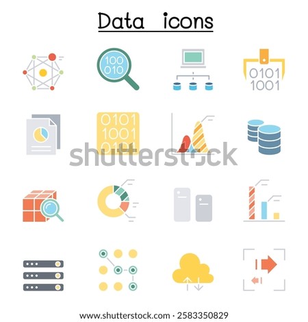 Data mining Technology, Data Transfer, Data warehouse, Big data icon set  in flat color style