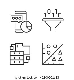 Data mining tools linear perfect pixel icons set. Techniques to extract and analyze information. Virtual research. Customizable thin line contour symbols. Isolated vector outline illustrations