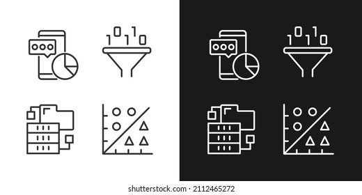 Data mining tools linear pixel perfect icons set for dark and light mode. Techniques to extract and analyze information. Customizable thin line symbols. Isolated vector outline illustrations