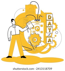 Data mining vector illustration. Analysis is key to finding hidden gems in vast landscape data and discovery Computing power becomes magic wand in hands data mining professionals Datacenters