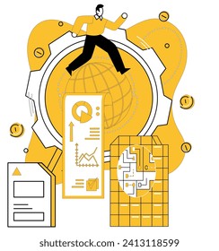 Data mining vector illustration. Datacenters are beating hearts where pulse information is carefully monitored Information landscapes blossom under nurturing care precise data mining methodologies