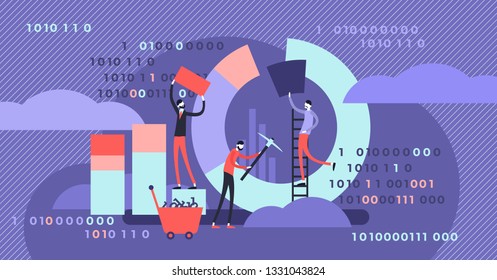 Data Mining Vector Illustration. Flat Tiny Chart Graph Creation Person Concept. Symbolic Data Pie, Diagram Research. Isometric Analysis Software Process. Abstract Information Collection Visualisation.