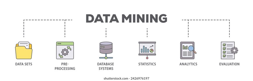 Data mining web banner icon vector illustration concept consists of data sets, pre processing, database systems, statistics, analytics and evaluation icon live stroke and easy to edit