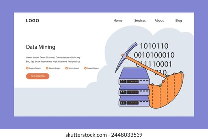 Web o aterrizaje de minería de datos. Un experto analizando servidores para obtener información valiosa. Extracción de información estratégica para decisiones estratégicas. Ilustración vectorial plana