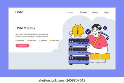 Web o aterrizaje de minería de datos. Un experto analizando servidores para obtener información valiosa. Extracción de información estratégica representada con gráficos vibrantes. Ilustración vectorial plana.