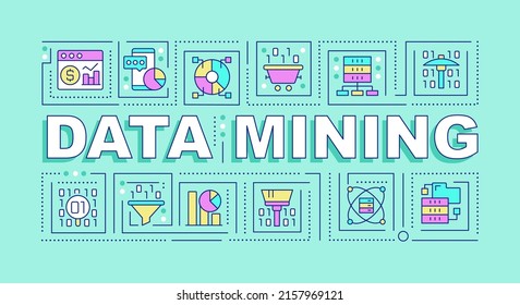 Data mining word concepts mint banner. Data extraction techniques. Infographics with icons on color background. Isolated typography. Vector illustration with text. Arial-Black font used