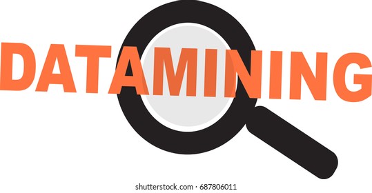 Data Mining word text logo Illustration. Viewing data with magnifier concept isolated flat vector. Transparent.