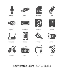 Data, Mobile, Diskette, Console, Hard, Watch, Flash, Wireless, Tv, Radio, Micro sd icon 16 set EPS 10 vector format. Icons optimized for both large and small resolutions.