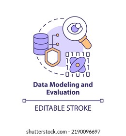 Data modeling and evaluation concept icon. Machine learning engineer skill abstract idea thin line illustration. Isolated outline drawing. Editable stroke. Arial, Myriad Pro-Bold fonts used