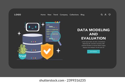 Data modeling and evaluation set. An intelligent bot scrutinizes codes while safeguarding data integrity on servers. Flat vector illustration