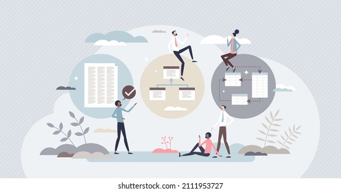 Data models with different information processing types tiny person concept. Visual text representation and structural system network vector illustration. Database management with link connections.