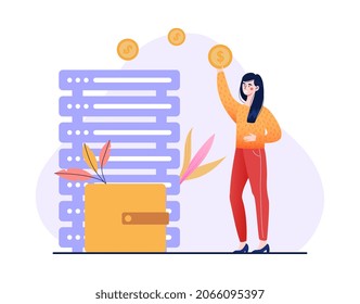 Data monetization concept. Woman profits from information. Character optimized data storage and transmission system to generate income in form of coins. Cartoon modern flat vector illustration