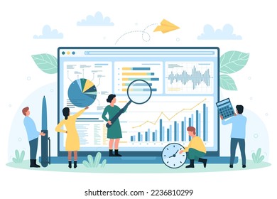 Data monitoring and analysis on desktop vector illustration. Cartoon tiny people with magnifying glass research graphs, charts and diagram on laptop screen, monitor financial report growth for trade