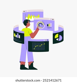 O especialista em monitoramento de dados interage com gráficos e gráficos digitais flutuantes, representando insights de negócios e análise de desempenho. Ilustração de vetor plano para análise de dados.