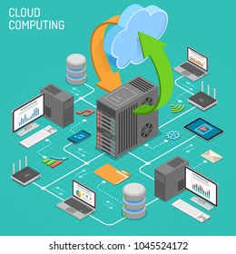 Data Network Cloud Computing Technology Isometric business concept with network server, computer, laptop, router and multimedia icons. Storage and transfer data. Vector illustration