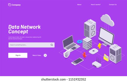 Data Network concept based landing page design with isometric illustration of desktop, laptop and smartphone connected with server on purple background.