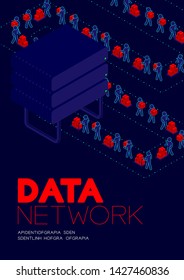 Data network concept, man pictogram transfer data to isometric Storage hard disk illustration poster and banner design isolated on blue background, with copy space